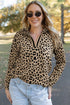 Leopard Polo Collar V Neck Pullover Long Sleeve Top
